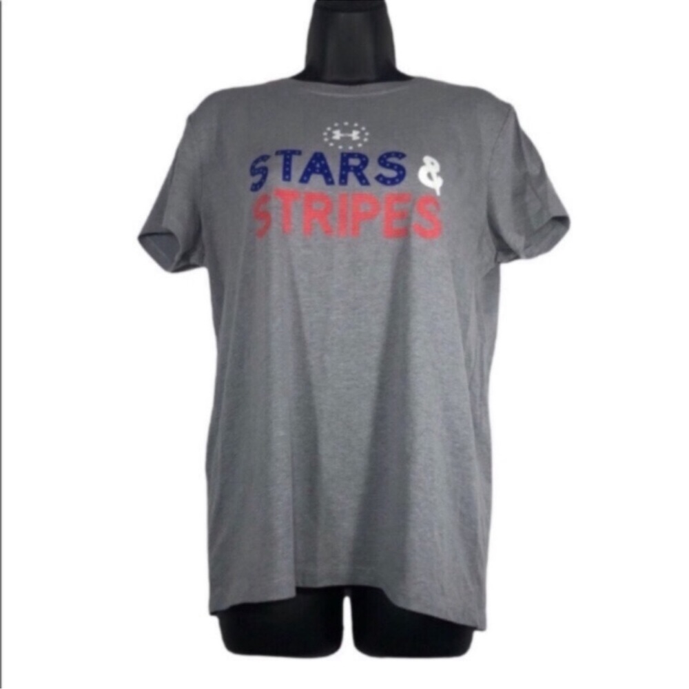 Under Armour UA Womens Sz M Heat Gear Grey short sleeves Tshirt Stars & Stripes